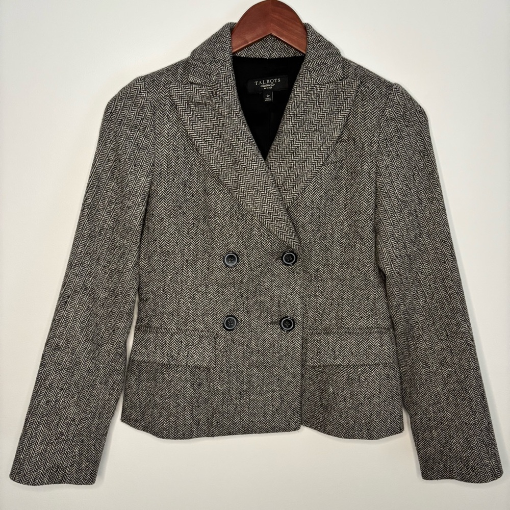 TALBOTS | Gray Tweed Wool Herringbone Double Breasted Blazer Jacket | Size 2P - Picture 1 of 6